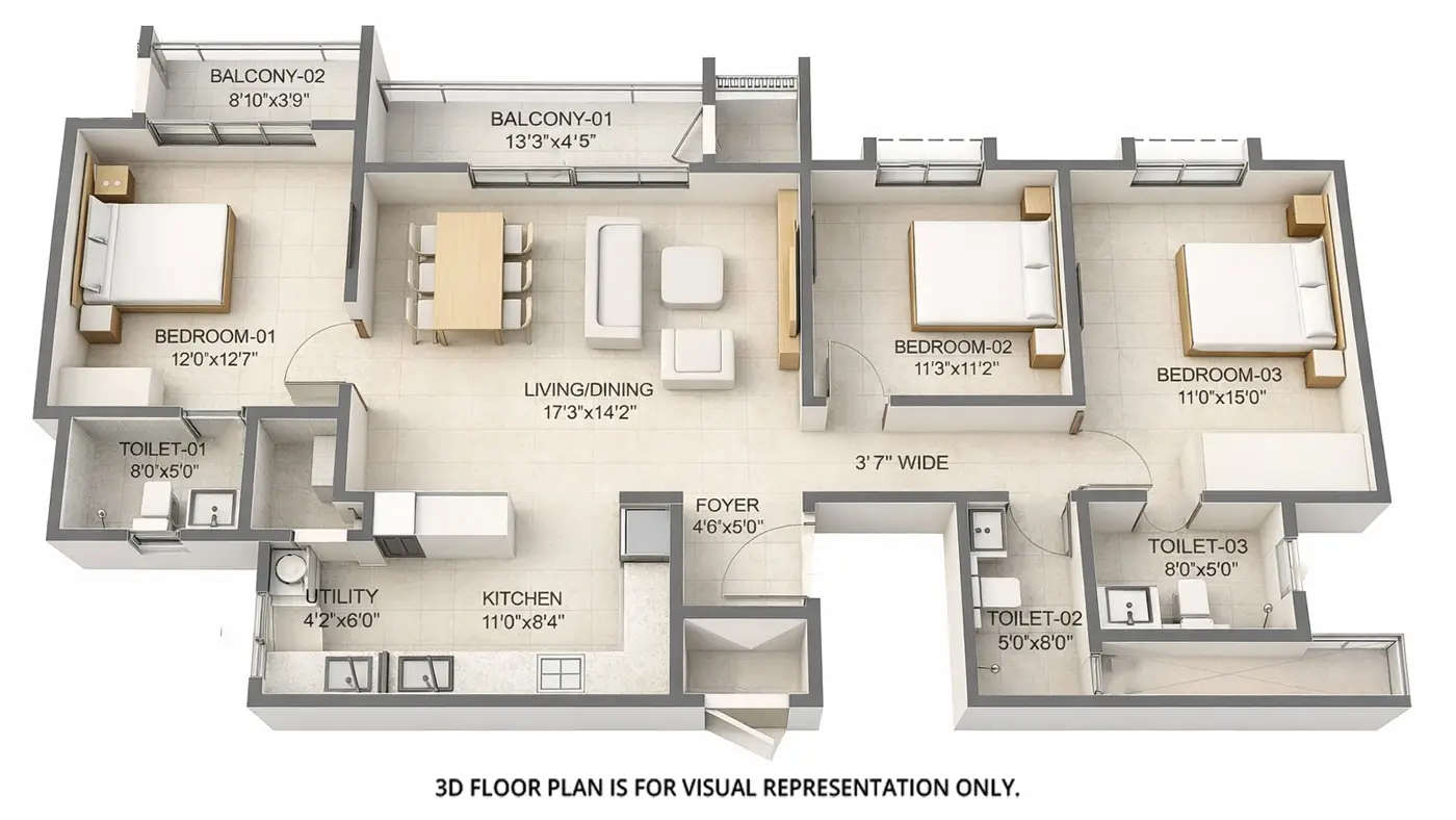 Floor plan for 3 BHK