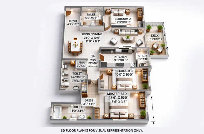 Lodha Sterling Kolshet Road - Floor plan 3 BHK 1134 Sq.ft