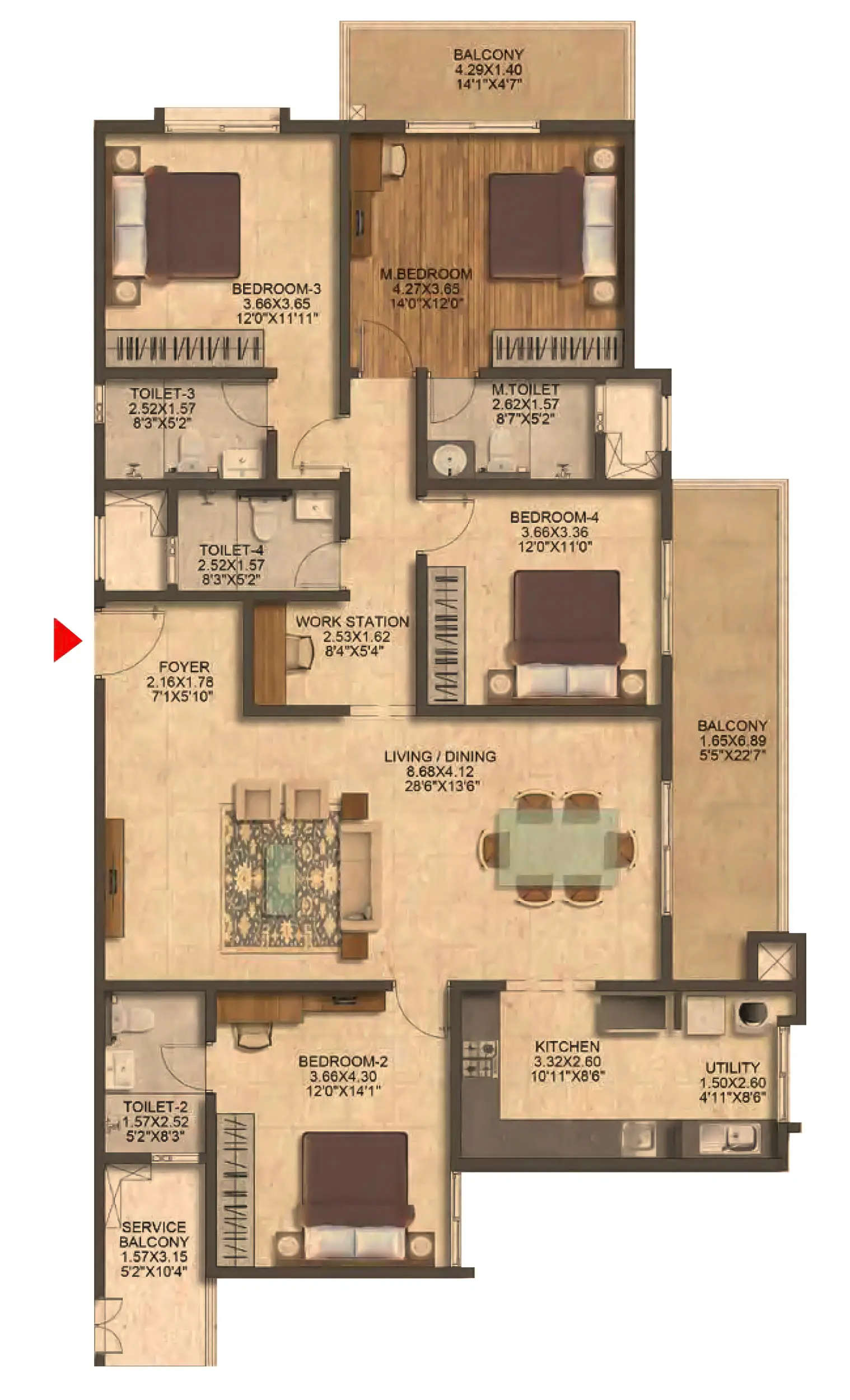 Floor plan for 4 BHK
