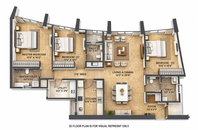 Lodha Adrina Worli - Floor plan 3 BHK 1266 Sq.ft