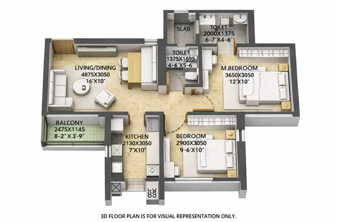 Raymond TenX Habitat Pokhran Road 1 - Floor plan 2 BHK 595 Sq.ft