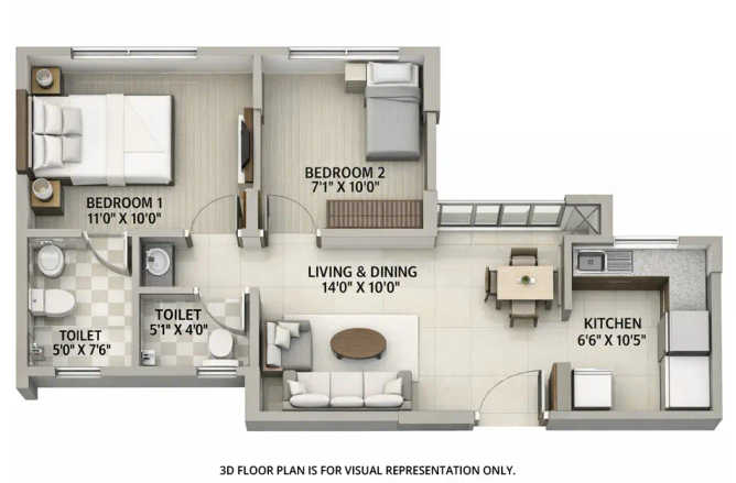 Raymond Ten X Era Pokhran Road 1 - Floor plan 2 BHK 704 Sq.ft