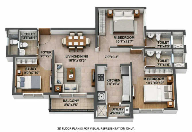 Runwal Manpada Ghodbunder Road - Floor plan 3 BHK 962 Sq.ft