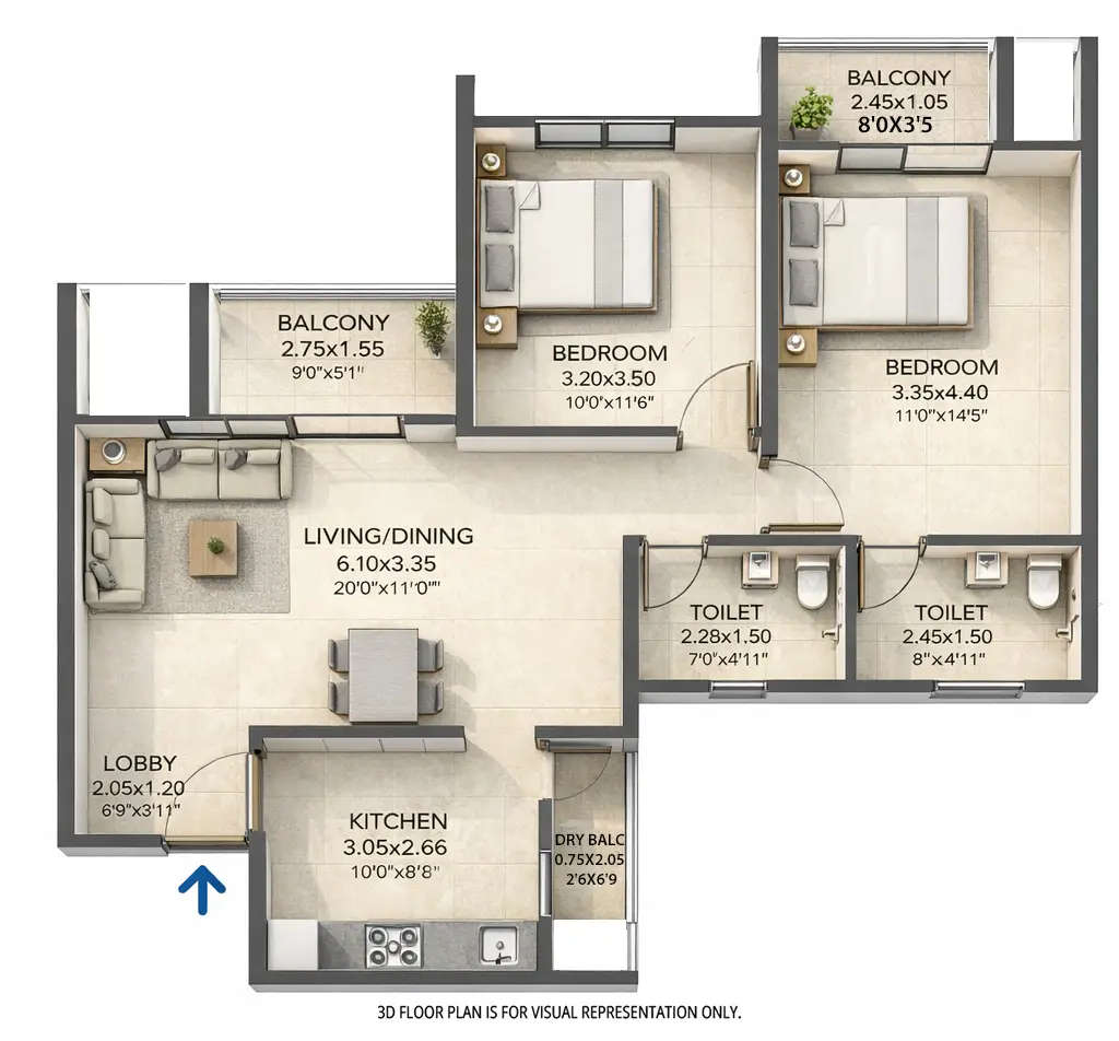 Floor plan for 2 BHK
