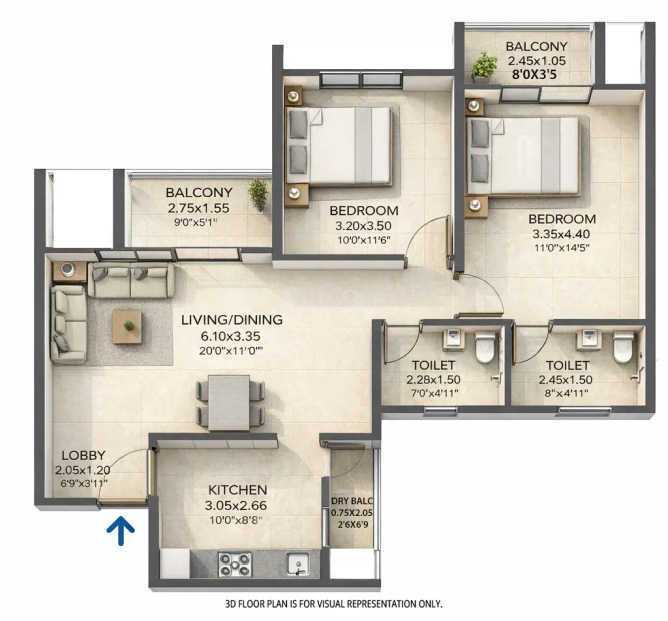 VTP Skylights Baner - Floor plan 2 BHK 844 Sq.ft