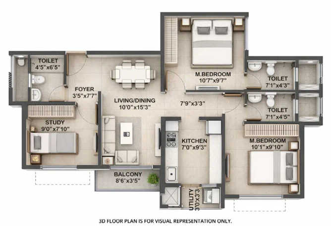 Runwal One Ghodbunder Road - Floor plan 3 BHK 962 Sq.ft