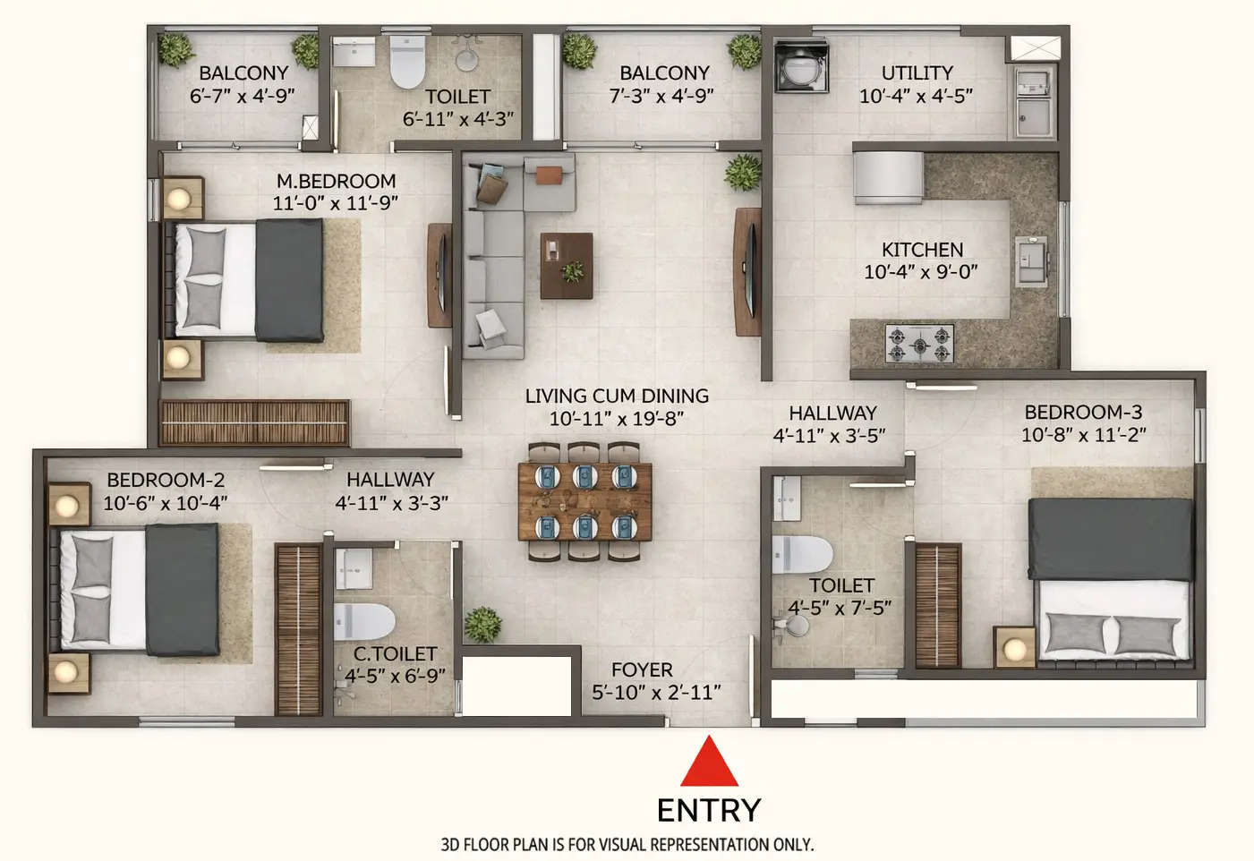 Floor plan for 3 BHK
