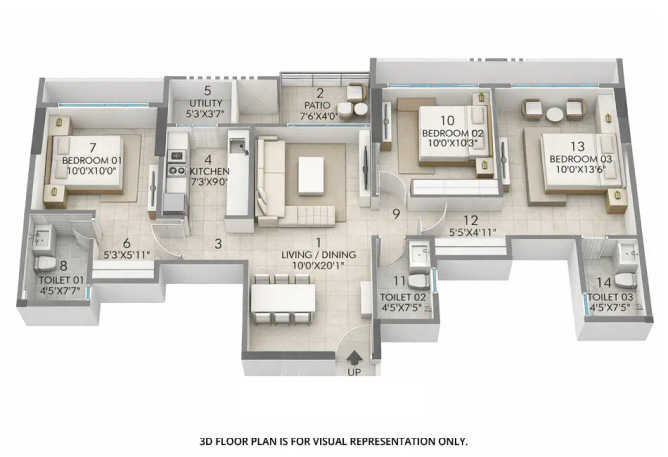 Rustomjee La Vie Majiwada - Floor plan 3 BHK 880 Sq.ft
