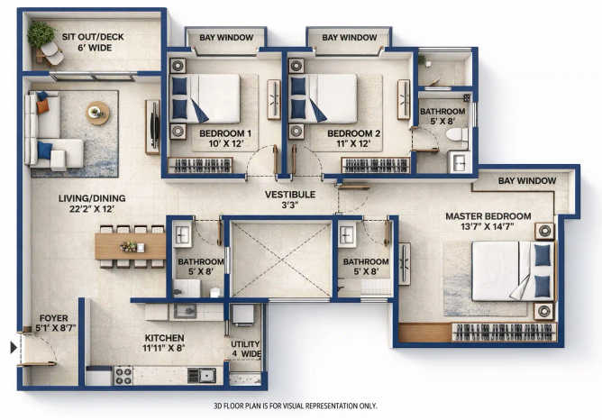 Bhartiya City Nikoo Homes Thanisandra - Floor plan 3 BHK 1735 Sq.ft