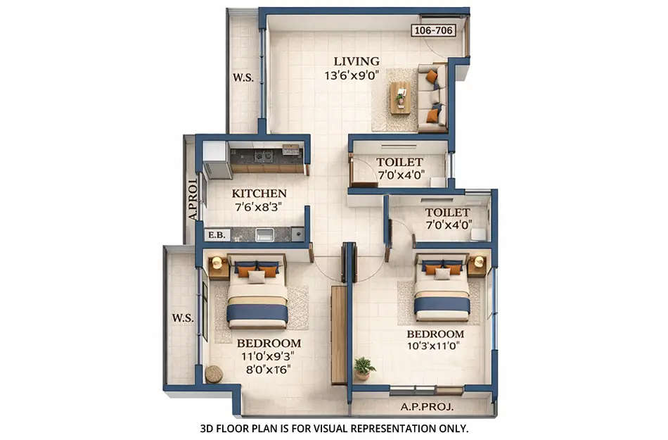 Floor plan for 2 BHK