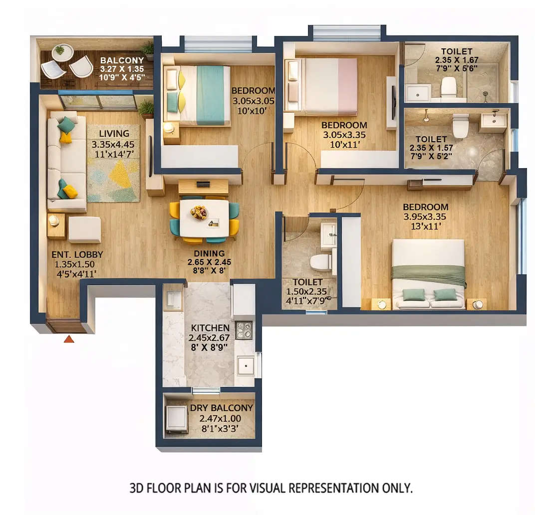 Floor plan for 3 BHK