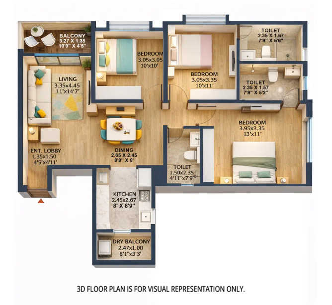 Kolte Patil Little Earth Gahunje - Floor plan 3 BHK 947 Sq.ft