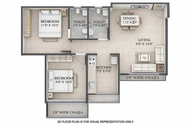 Gami Tiara Taloja - Floor plan 2 BHK 985 Sq.ft