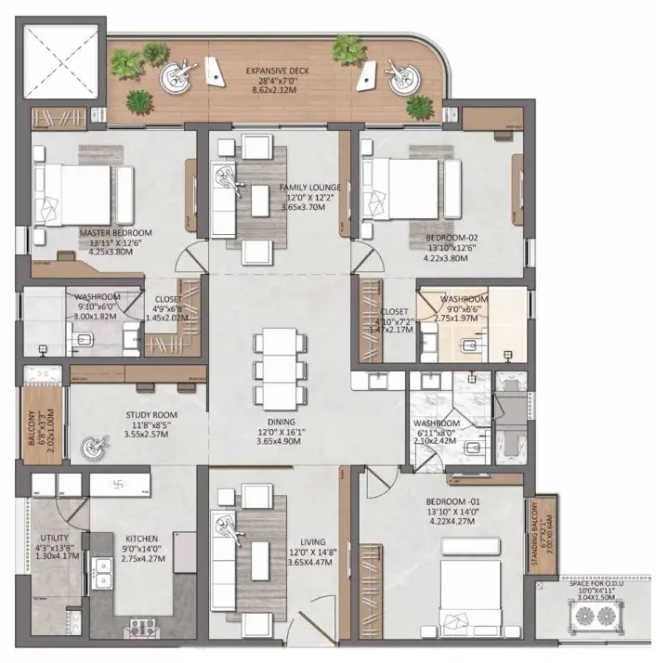 Brigade Gateway Kokapet - Floor plan 3 BHK 3354 Sq.ft