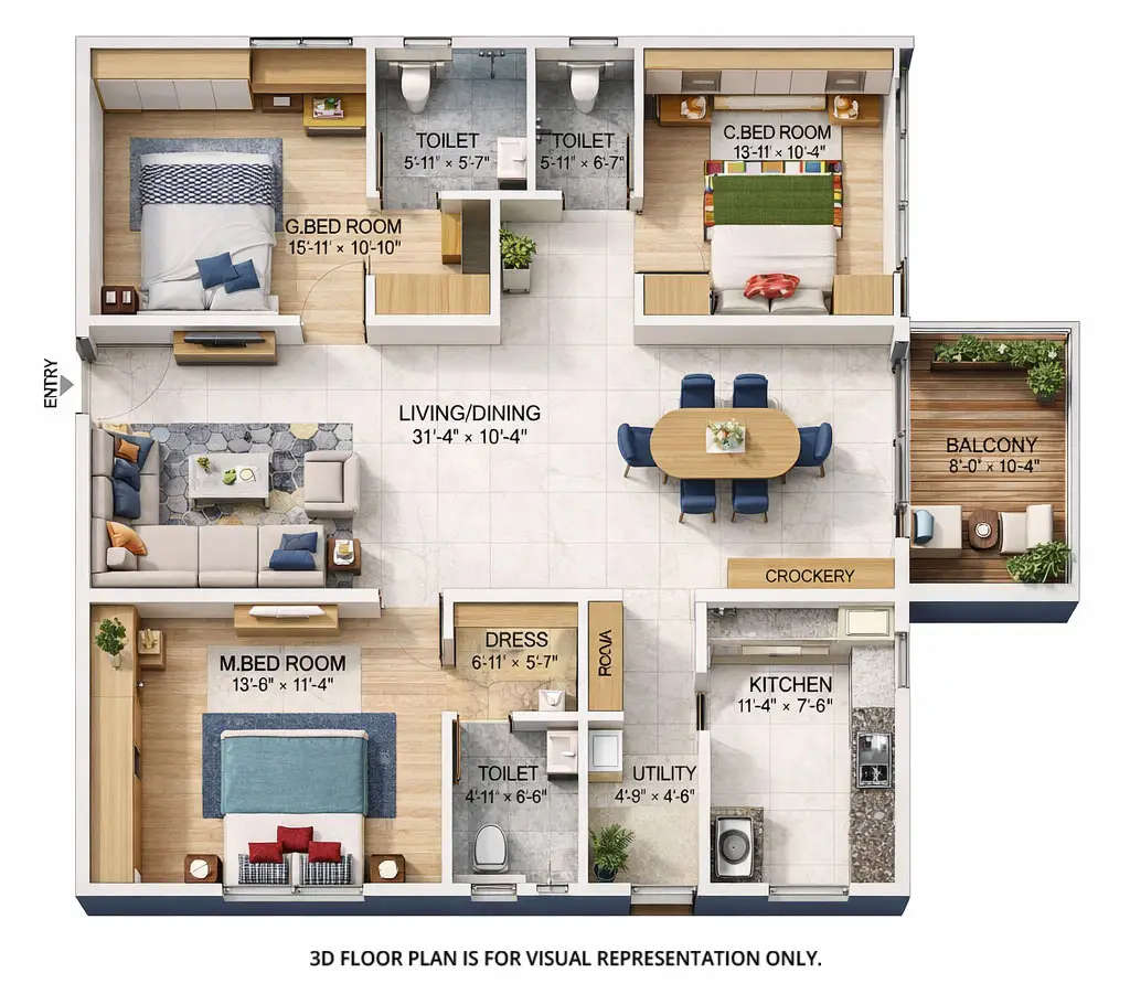 Floor plan for 3 BHK