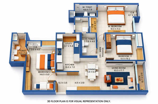 Rustomjee Urbania Majiwada - Floor plan 3 BHK 932 Sq.ft