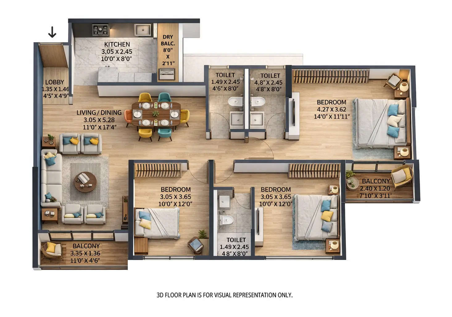 VTP Cielo Bavdhan - Floor plan 3 BHK 1135 Sq.ft