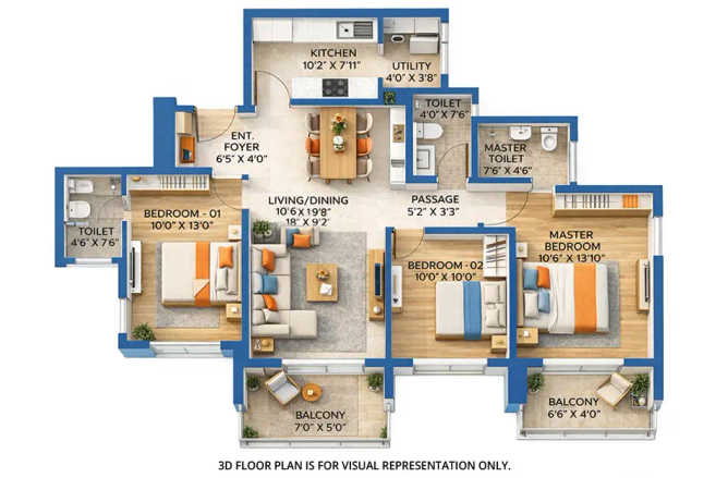 Hiranandani Golden Willows Panvel - Floor plan 3 BHK 970 Sq.ft