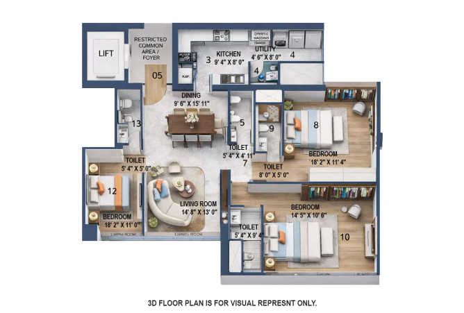 Rustomjee Crown Prabhadevi - Floor plan 3 BHK 1483 Sq.ft