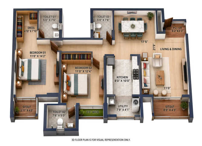 Goyal Orchid Salisbury Panathur - Floor plan 2 BHK 1412 Sq.ft