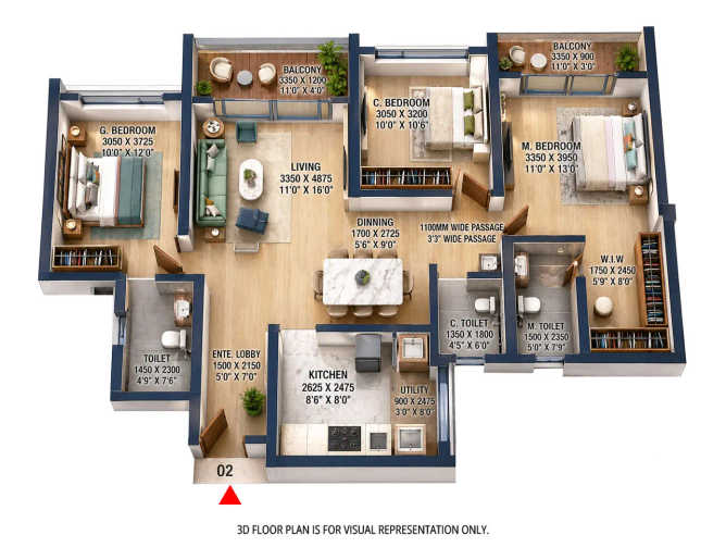 Goyal My Home Sanctuary Mamurdi - Floor plan 3 BHK 1036 Sq.ft