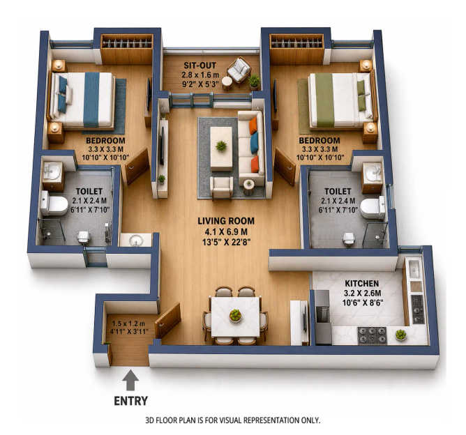 Brigade Orchards Devanahalli - Floor plan 2 BHK 1300 Sq.ft
