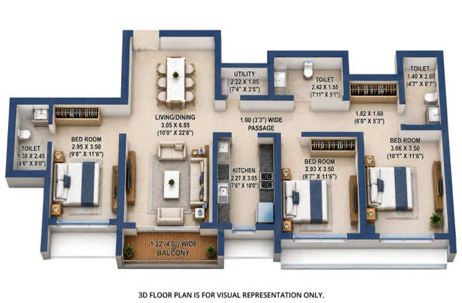 Kalpataru Park City Kolshet Road - Floor plan 3 BHK 967 Sq.ft
