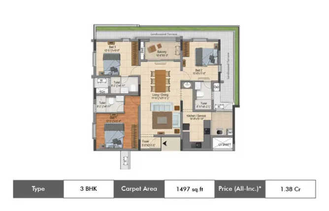 DRA Ascot Adambakkam - Floor plan 3 BHK 1497 Sq.ft