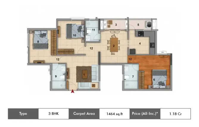 DRA 90 Degrees Kovilambakkam - Floor plan 3 BHK 1464 Sq.ft