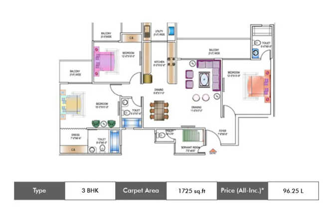 Ajnara Daffodil Sector 137 - Floor plan 3 BHK 1725 Sq.ft