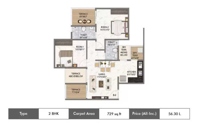 Runal Spacio Ravet - Floor plan 2 BHK 729 Sq.ft