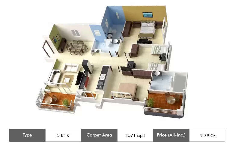 Floor plan for 3 BHK
