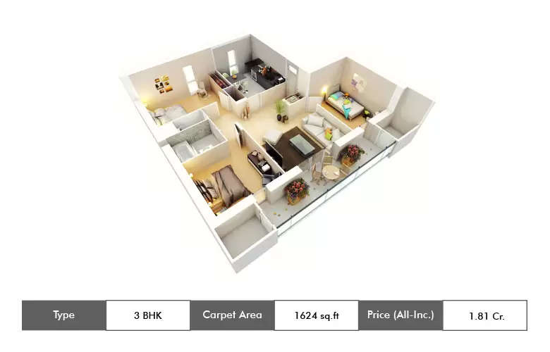 Floor plan for 3 BHK
