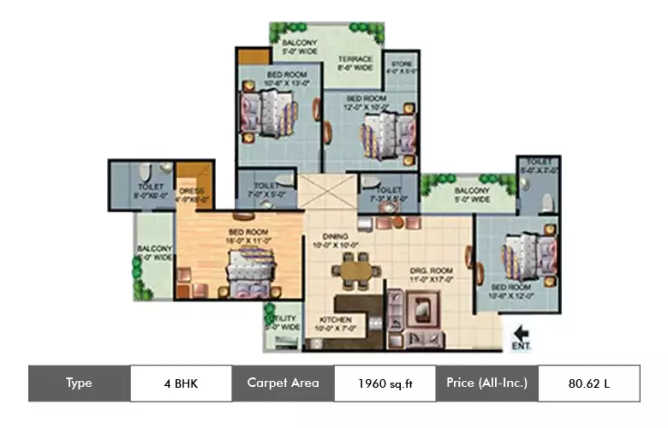 Ajnara Homes Sector 16B Greater Noida W - Floor plan 4 BHK 1960 Sq.ft