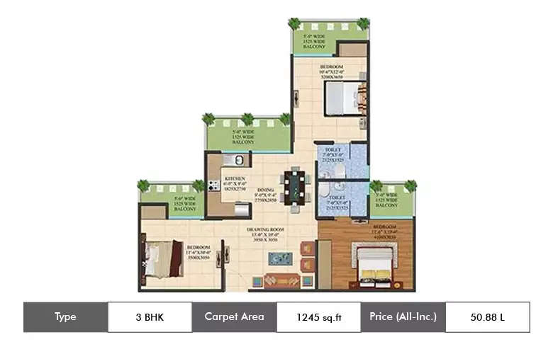 Floor plan for 3 BHK