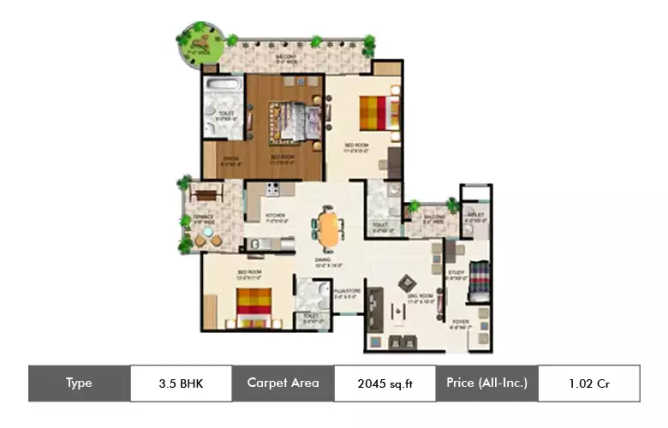 Ajnara Grand Heritage Sector 74 - Floor plan 3.5 BHK 2045 Sq.ft