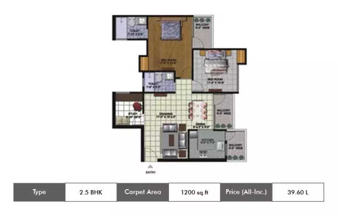 Amrapali Golf Homes Sector 4 Greater Noida - Floor plan 2.5 BHK 1200 Sq.ft