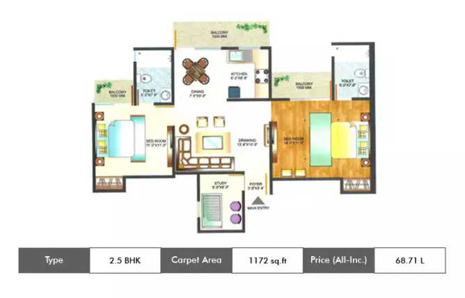 Amrapali Pan Oasis Sector 70 - Floor plan 2.5 BHK 1172 Sq.ft