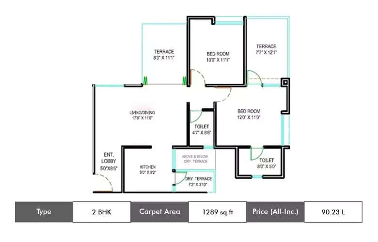 Floor plan for 2 BHK