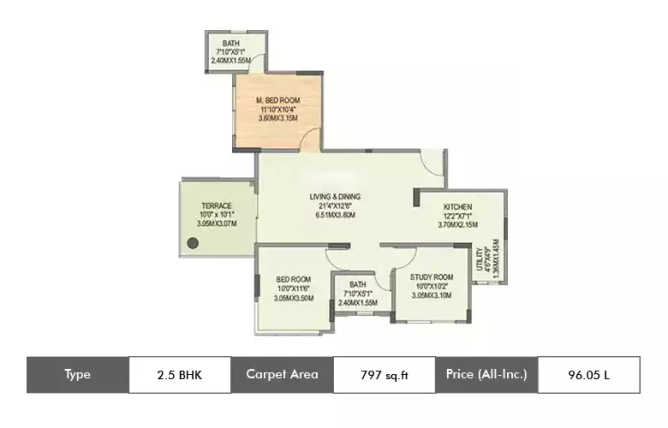 Geras Misty Waters Keshav Nagar - Floor plan 2.5 BHK 797 Sq.ft