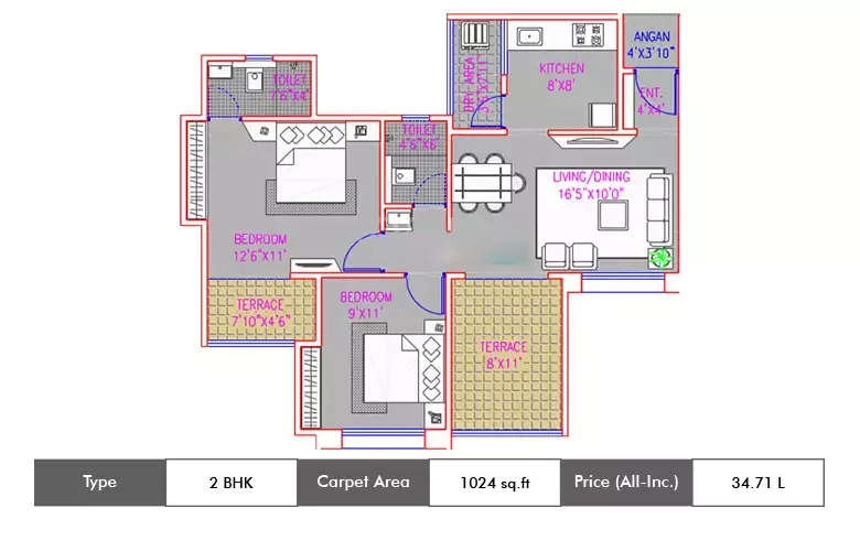 Floor plan for 2 BHK