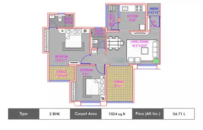 Majestique City Wagholi - Floor plan 2 BHK 1024 Sq.ft