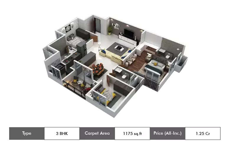 Floor plan for 3 BHK