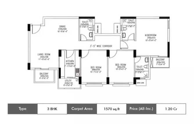 DLF Westend Heights Akshaya Nagar - Floor plan 3 BHK 1570 Sq.ft