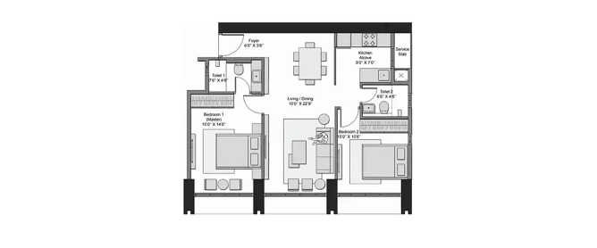 Transcon Triumph Andheri - Floor plan 2 BHK 748 Sq.ft