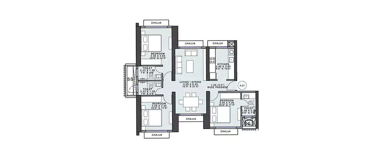 Floor plan for 3 BHK