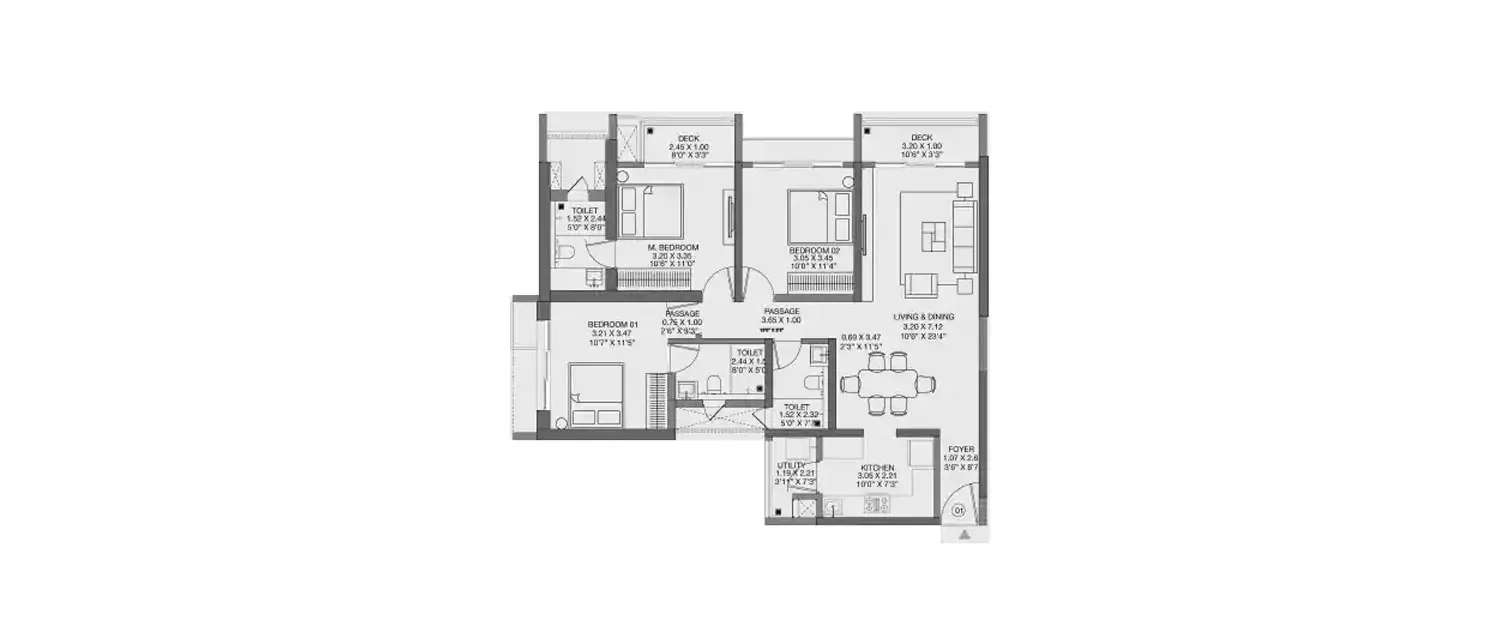 Floor plan for 3 BHK