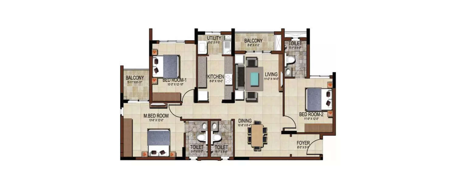 Floor plan for 3 BHK