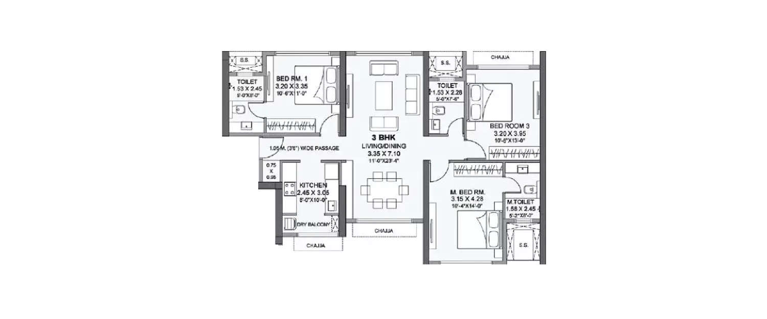 Floor plan for 3 BHK