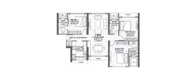Wadhwa Azure Mulund - Floor plan 3 BHK 1032 Sq.ft
